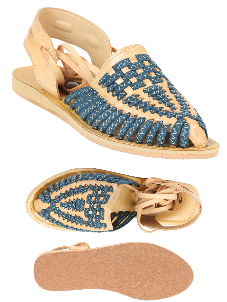 Mexican Artisan Sandals, Leather, Tan/Blue 604019